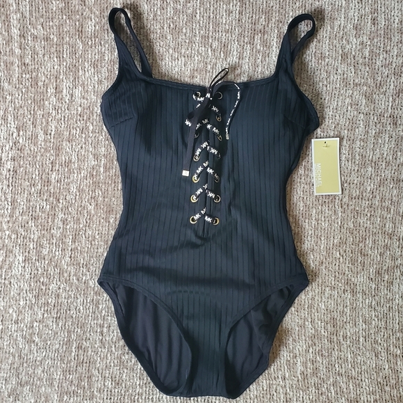 Michael Kors Lace-Up Textured One-Piece Swimsuit in Black - Picture 2 of 7